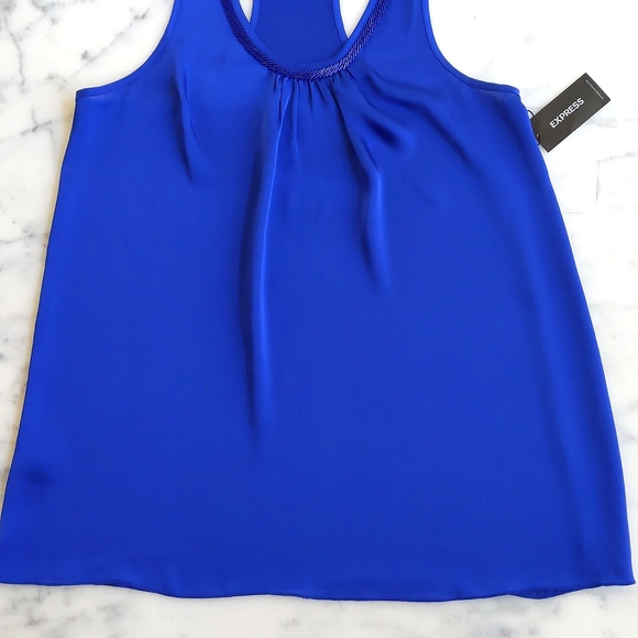 NWT. Express Bright Electric Blue Satin Sleeveless Blouse w/beads neckline decor - Picture 4 of 5